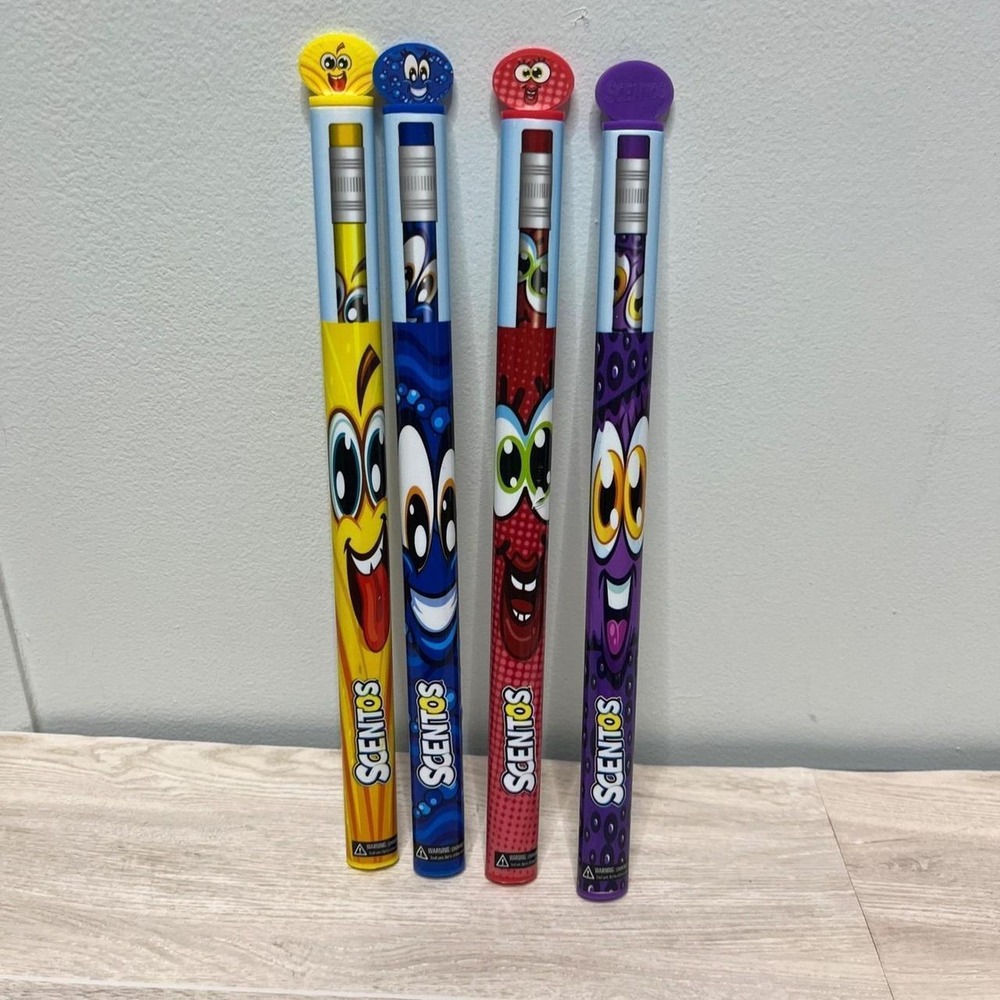 Scentos Scratch N Sniff Pencil Set Fun Scents Character Yellow Purple Red Blue